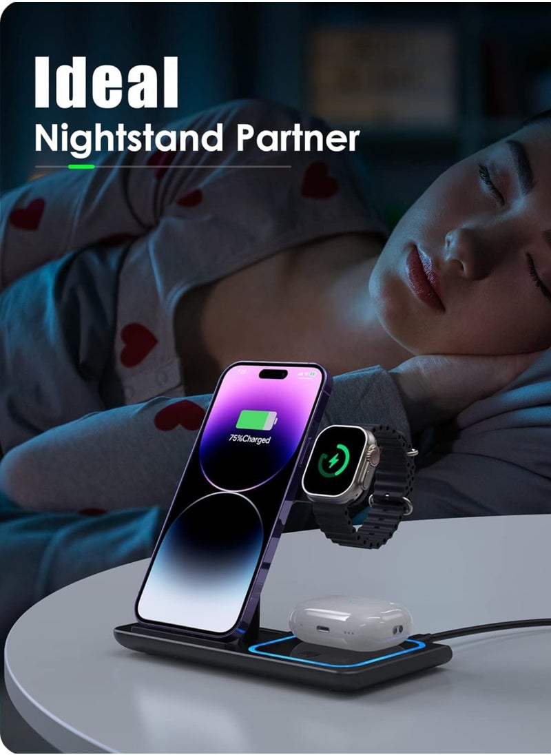3-in-1 Wireless Charging Station for Apple  Samsung | Fast Charger Stand for iPhone 14 13 12 11 Pro Max XS 8, AirPods 3/2/Pro, iWatch 8-2 | Foldable Dock | Portable  Compact – Black