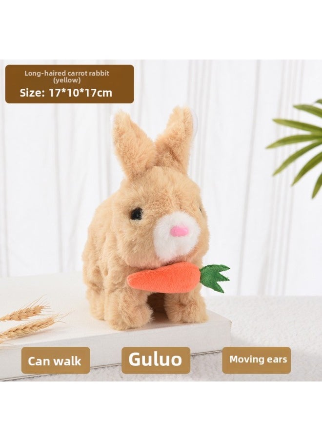 Plush Electric White Rabbit Pet Will Walk Call Mouth Shake Ears Long Plush Rabbit Toy Plush Electric White-Color:[carrot] Long-haired Rabbit (yellow)  - Image 1