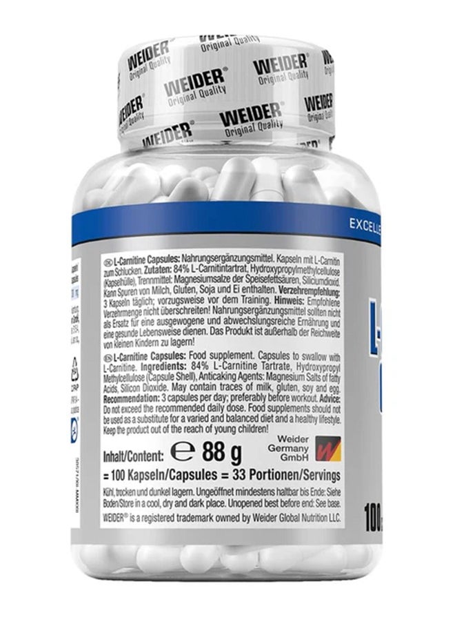 Weider - L-Carnitine – 100 Capsules – Fat Metabolism & Energy Booster for Weight Management - Image 1