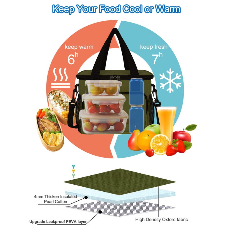 Femuar Lunch Bags for Women/Men, Insulated Lunch Bag for Work Office Picnic - Large Lunch Cooler Bag Leakproof Lunch Box with Adjustable Shoulder Strap for Adults - Army Green - Image 4
