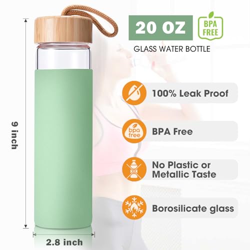 Yomious 20 Oz Borosilicate Glass Water Bottles with Silicone Sleeve BPA Free, Dishwasher Safe - Reusable Clear Glass Drinking with Leak Proof Bamboo Lid | Perfect Gym Water Bottles for Men & Women - Image 3