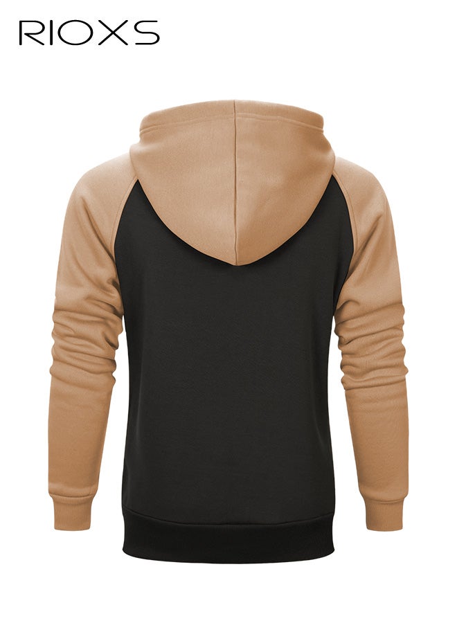 ريوكس هوديس رجالي، هوديس رجالي عصري فضفاض بأكمام طويلة وغطاء للرأس، هوديس كاجوال بجيوب وكتل ألوان متباينة، هوديس مريح وخفيف الوزن برباط عنق وتصميم مرقع، ملابس شتوية وخريفية للمكتب والحفلات والمدرسة والجري والرياضة والنادي الرياضي والمزيد، باللونين البني والرمادي - Image 2