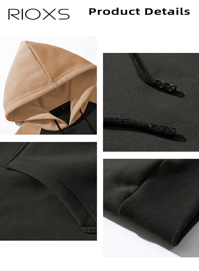 ريوكس هوديس رجالي، هوديس رجالي عصري فضفاض بأكمام طويلة وغطاء للرأس، هوديس كاجوال بجيوب وكتل ألوان متباينة، هوديس مريح وخفيف الوزن برباط عنق وتصميم مرقع، ملابس شتوية وخريفية للمكتب والحفلات والمدرسة والجري والرياضة والنادي الرياضي والمزيد، باللونين البني والرمادي - Image 4