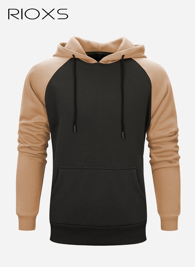 RIOXS Men's Hoodies, Trendy Loose Fit Long Sleeve Hooded Sweatshirts for Men, Casual Pullover Color Block Hoodies with Pockets, Comfortable Lightweight Drawsting Patchwork Hoodies, Winter Fall Outfits for Office, Party, School, Running, Sport, Gym and More, Brown and Grey - Image 2