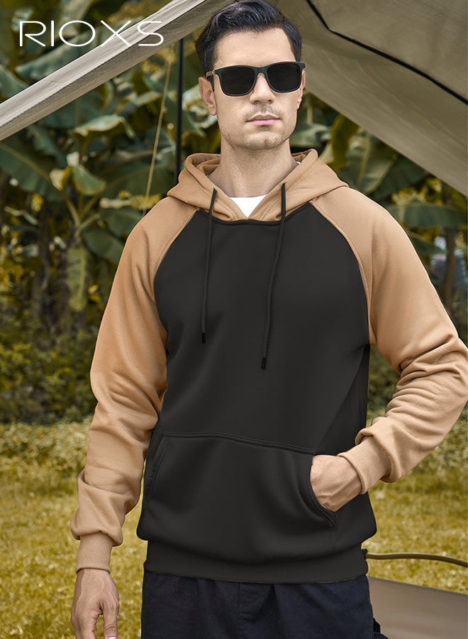 RIOXS Men's Hoodies, Trendy Loose Fit Long Sleeve Hooded Sweatshirts for Men, Casual Pullover Color Block Hoodies with Pockets, Comfortable Lightweight Drawsting Patchwork Hoodies, Winter Fall Outfits for Office, Party, School, Running, Sport, Gym and More, Brown and Grey - Image 1