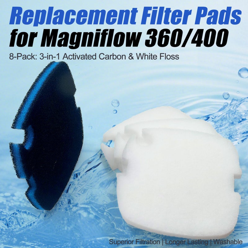 PurifyLogix 8 PCS Replacement Filter Pads for MarineLand for Magniflow 360/400 Canister Filters, Upgraded 3-in-1 Coarse (Activated Carbon) & White Floss Media - Mechanical & Biological Filtration - Image 2