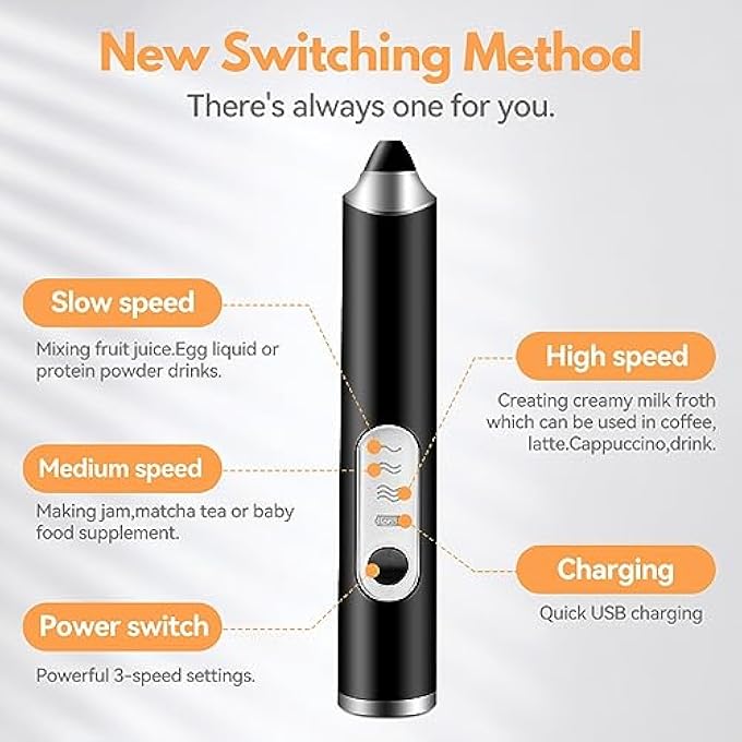 بروكسيما المباشر خفاقة كهربائية قابلة لإعادة الشحن مزودة بمنفذ USB وخفاقة حليب يدوية مع حامل وخلاط مشروبات بثلاث سرعات قابلة للتعديل ورغوة حليب مع خفاقتين من الفولاذ المقاوم للصدأ للقهوة واللاتيه والكابتشينو والشوكولاتة الساخنة - Image 3