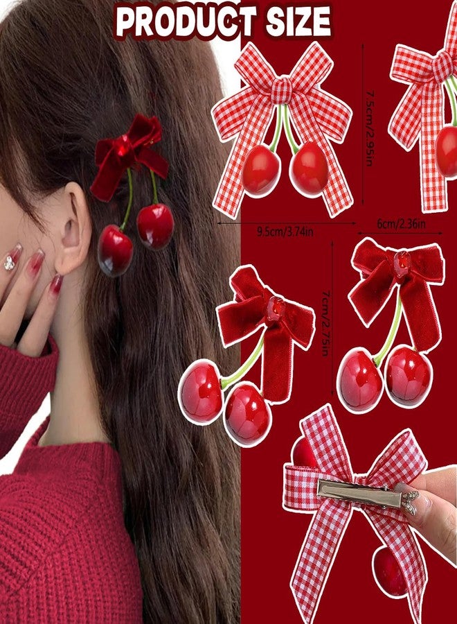 AUOCATTAIL 8 Pcs Cherry Bow Hair Clip Sweet Cute Rhinestone Bow Alligator Clips Red White Plaid Hair Barrettes Hair Accessories for Women Girls Christmas Hair Decoration - Image 2