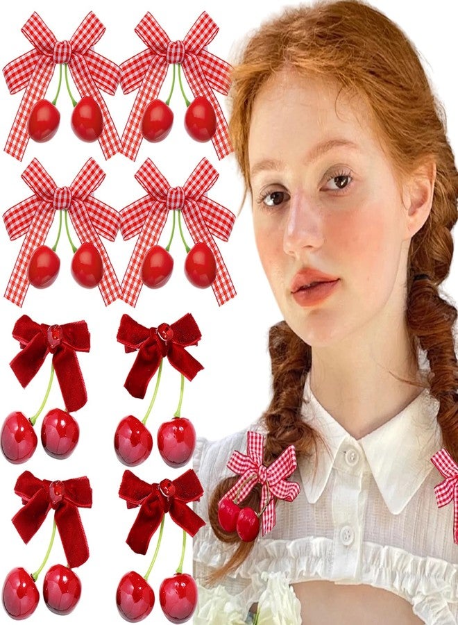 AUOCATTAIL 8 Pcs Cherry Bow Hair Clip Sweet Cute Rhinestone Bow Alligator Clips Red White Plaid Hair Barrettes Hair Accessories for Women Girls Christmas Hair Decoration - Image 1