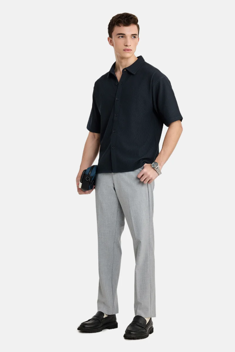 SNITCH Navy Blue Ribbed Half Sleeve Oversized Casual Shirt