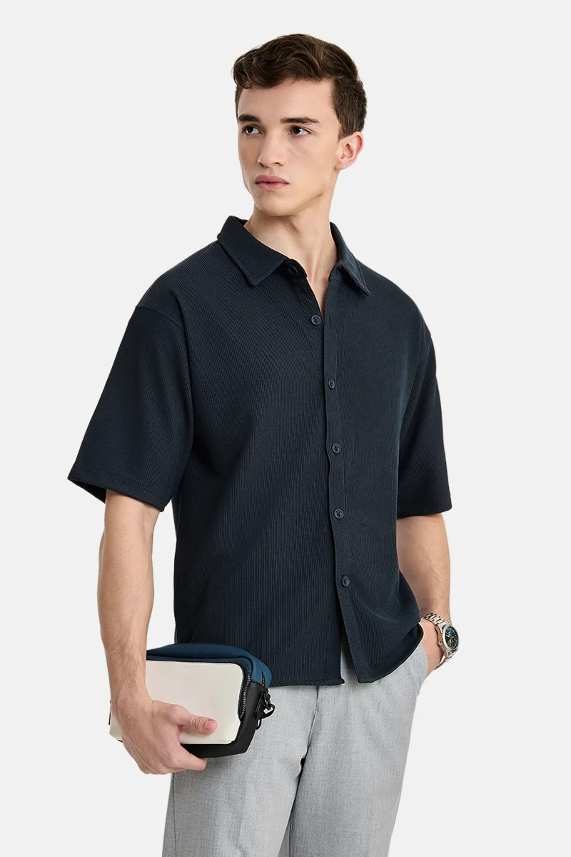 SNITCH Navy Blue Ribbed Half Sleeve Oversized Casual Shirt