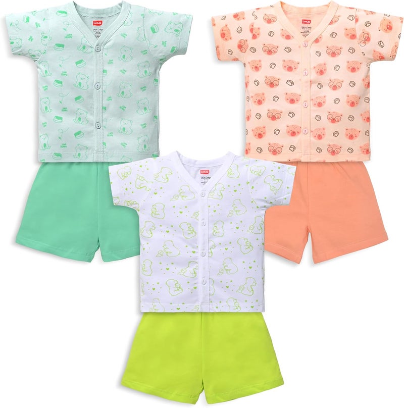 LuvLap Baby Jhabla and Shorts Set - Pack of 3 for Infants and Toddlers, 100% Cotton, 3 to 6 Months - Image 1