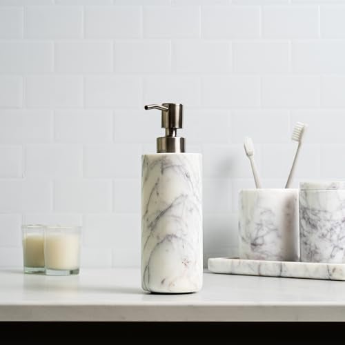 Cork & Mill Marble Soap Dispenser for Bathroom Countertop or Kitchen Sink, Real Natural White Stone with Stainless Steel Pump Top, Ideal for Lotion, Liquid Dish or Hand Soap, Modern Bath Accessories - Image 4