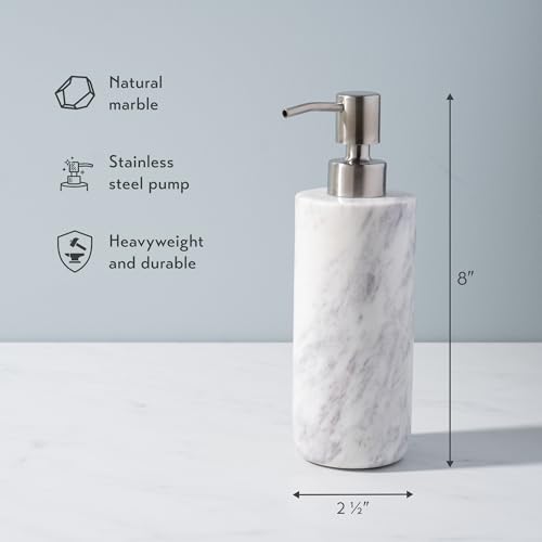 Cork & Mill Marble Soap Dispenser for Bathroom Countertop or Kitchen Sink, Real Natural White Stone with Stainless Steel Pump Top, Ideal for Lotion, Liquid Dish or Hand Soap, Modern Bath Accessories - Image 3