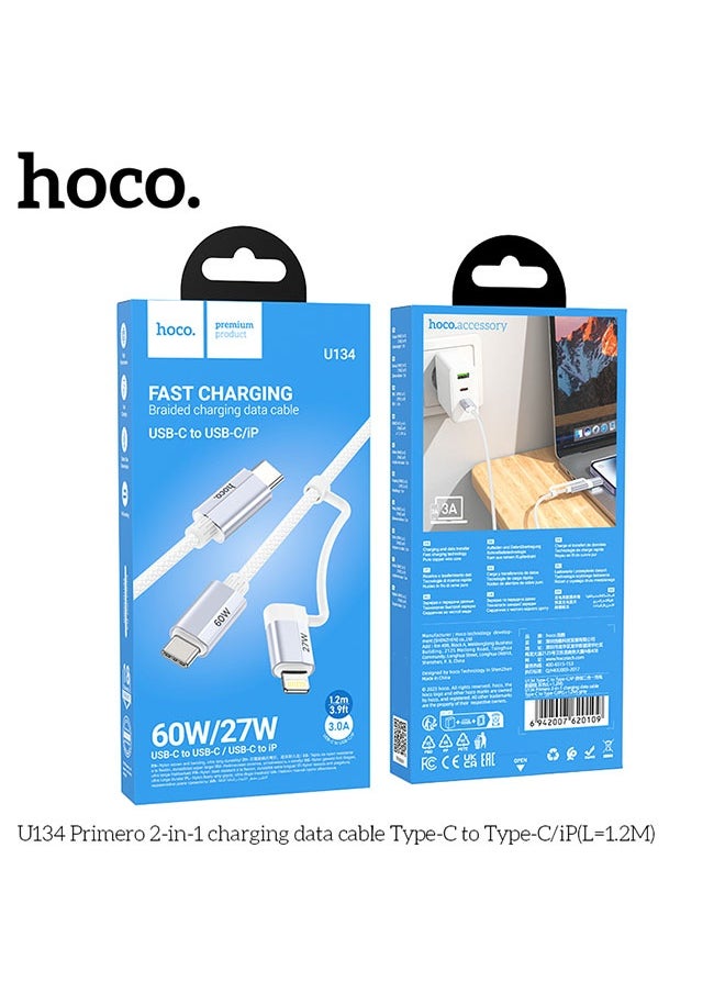 U134 Primero 2-in-1 charging data cable Type-C to Type-C/iP(L=1.2M)