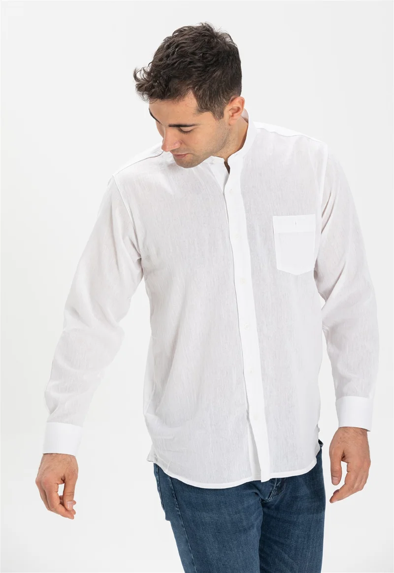 Eliş Şile Bezi Long Sleeve Şile Cloth Classic Collar Single Pocket Men's Shirt White 3001