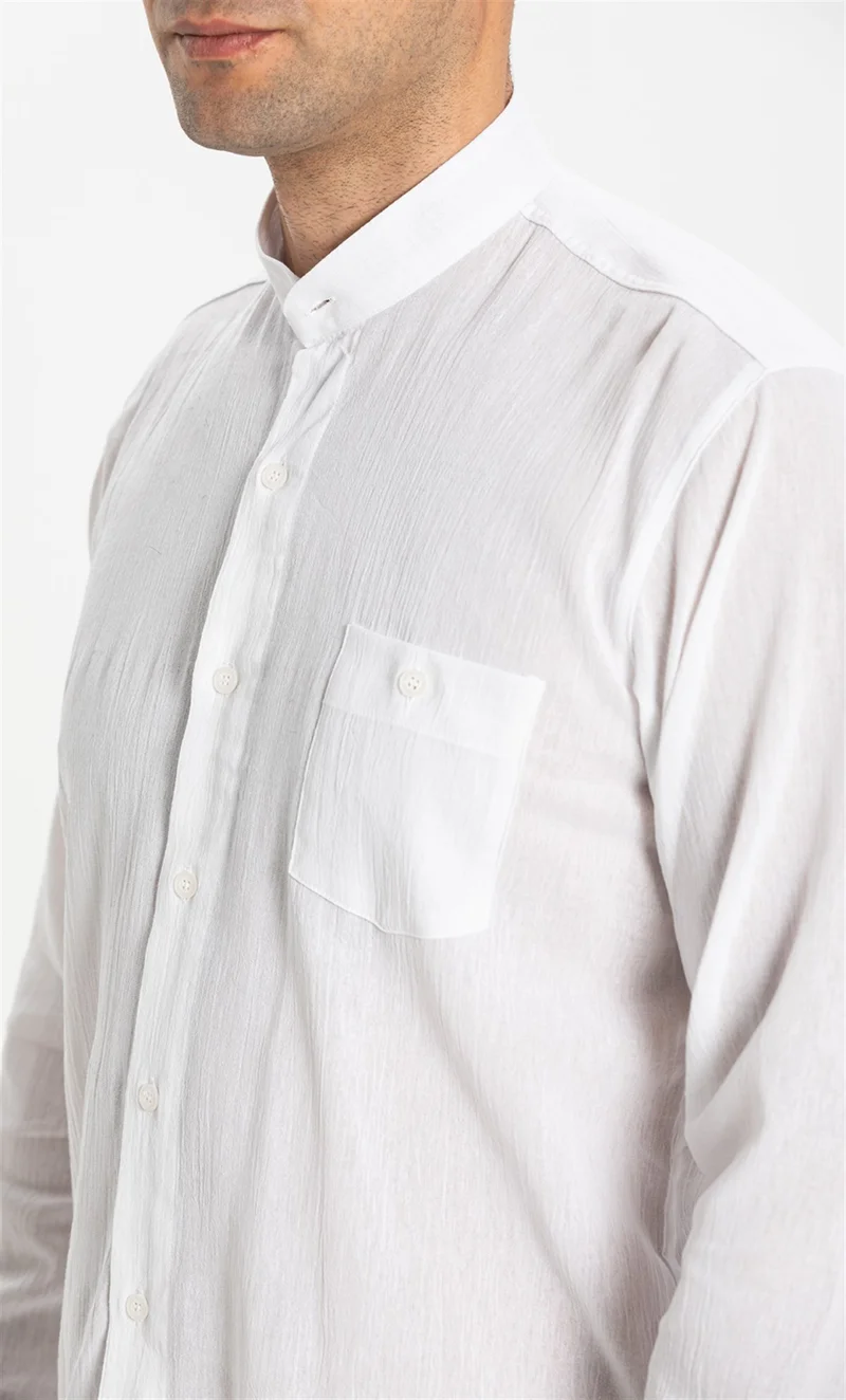 Eliş Şile Bezi Long Sleeve Şile Cloth Classic Collar Single Pocket Men's Shirt White 3001