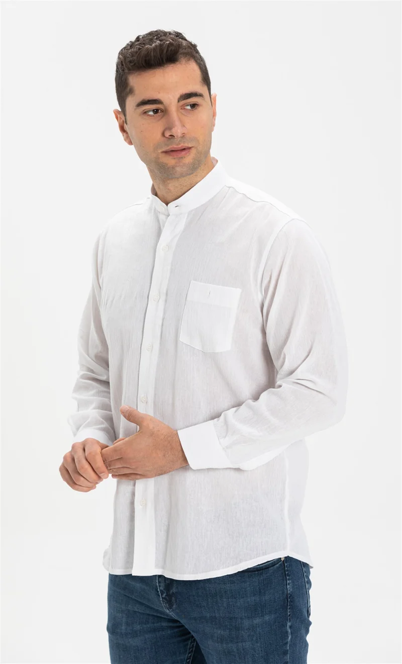 Eliş Şile Bezi Long Sleeve Şile Cloth Classic Collar Single Pocket Men's Shirt White 3001