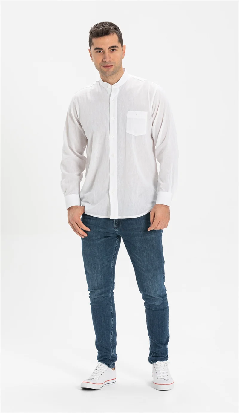 Eliş Şile Bezi Long Sleeve Şile Cloth Classic Collar Single Pocket Men's Shirt White 3001