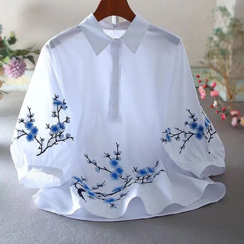 Cotton White Embroidered Shirt Womens 2023 Summer New Design Niche Casual Loose Simple Textured Top White