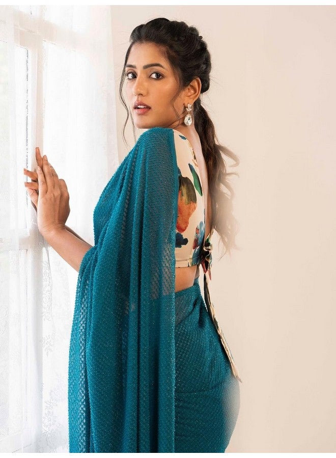 AWESOME Womens Georgette Plain Teal Draped Wear Saree Solid all Occasion Wear Sari With Unstitch Blouse Piece - Image 3