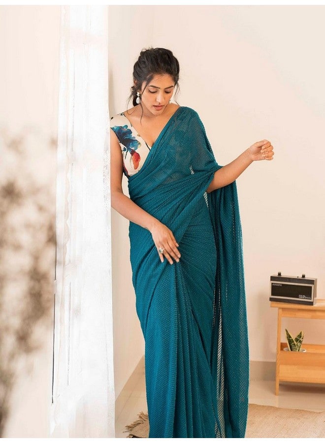 AWESOME Womens Georgette Plain Teal Draped Wear Saree Solid all Occasion Wear Sari With Unstitch Blouse Piece - Image 2