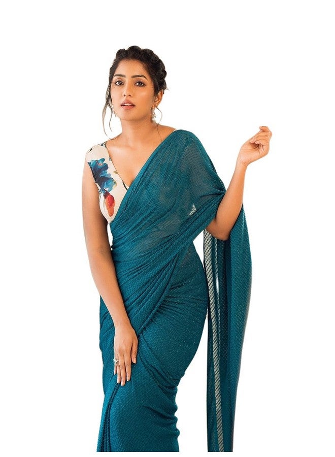 AWESOME Womens Georgette Plain Teal Draped Wear Saree Solid all Occasion Wear Sari With Unstitch Blouse Piece - Image 1