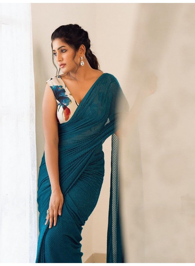 AWESOME Womens Georgette Plain Teal Draped Wear Saree Solid all Occasion Wear Sari With Unstitch Blouse Piece - Image 5