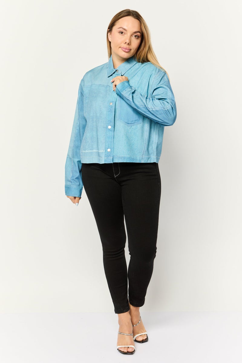 ESPRIT قميص مغسول بأكمام طويلة وياقة منتشرة للنساء، أزرق - Image 3