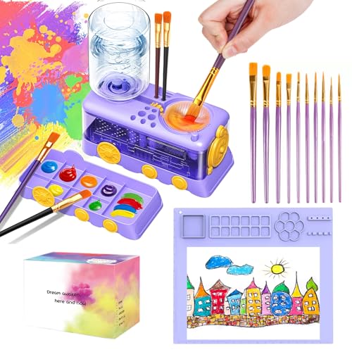 Velachuan Paint Brush Cleaning Kit for Kids with 5 Brushes, Art Smock, Washable Mat, Guidebook, Spiral Brush Cleaner Jar for Watercolor(Purple) - Image 1