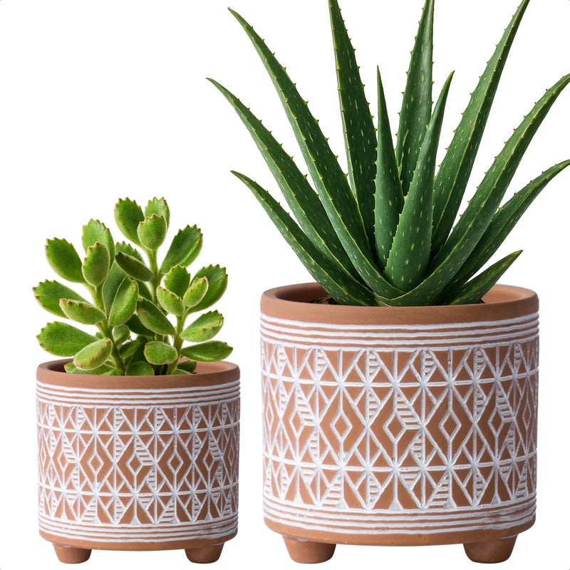 D'vine Dev Set of 2 Terracotta Planter Pots, 4 Inch & 6 Inch, Design Plants Pot with Drainage Hole, Savanna Weave, Terracotta/White, 31-953-G-1 - Image 1