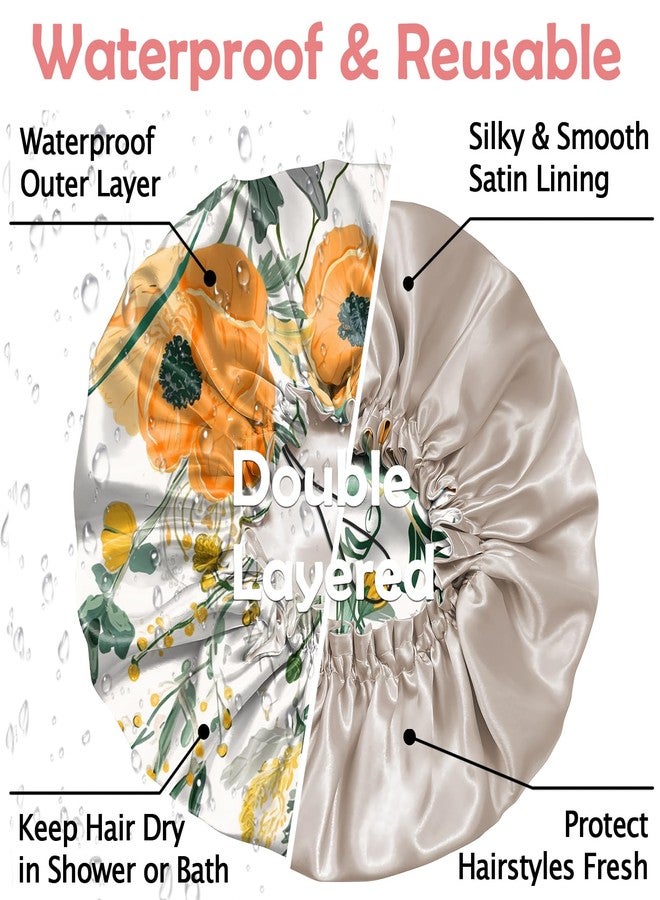 Cabreche Luxury Shower Cap Satin Silk Lined Adjustable Elastic Reusable Waterproof Shower Bath Cap Cute for Women Girls-Orange Flower - Image 3