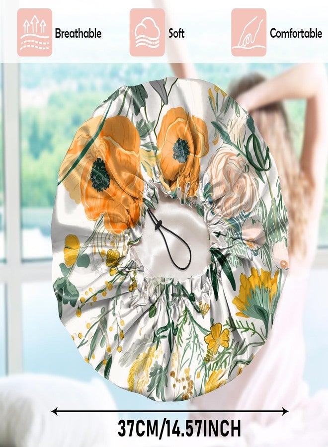 Cabreche Luxury Shower Cap Satin Silk Lined Adjustable Elastic Reusable Waterproof Shower Bath Cap Cute for Women Girls-Orange Flower - Image 2