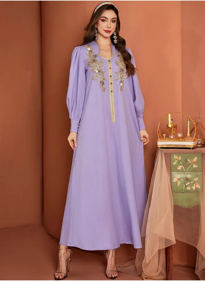 Take Two Take Two Flora Embroidered Lantern Sleeve Maxi Jalabiya Dress