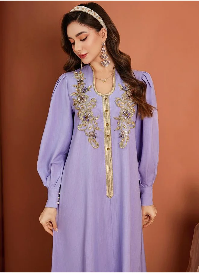 Take Two Take Two Flora Embroidered Lantern Sleeve Maxi Jalabiya Dress