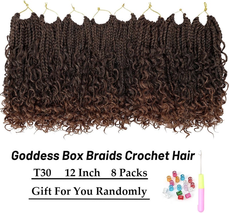 إييريا صندوق تصفيف الشعر بالحياكة “Goddess Box Braids”， طول 12 بوصة، 8 عبوات؛ شعر مصنوع بالحياكة على النمط البوهيمي مع نهايات مجعدة، مناسب للنساء، شعر صناعي للتصفيف (12 بوصة، اللون T30). - Image 2