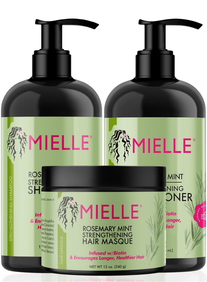 MIELLE Organics Rosemary Mint Strengthening Trio Set - Shampoo, Conditioner, Hair Mask - Infused With Biotin, Cleanses And Helps Strengthen Weak And Brittle Hair 1050ml - Image 1