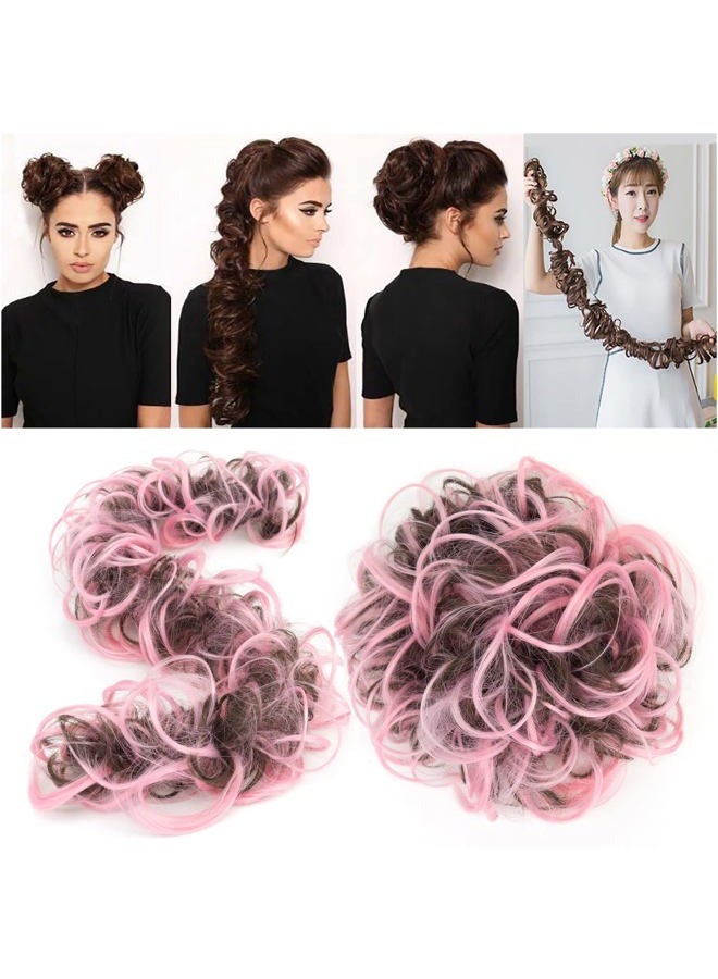IMISSU Large Size Hairpiece Curly Messy Hair Bun Wrap Scrunchies Elastic Hair Band Donut Updo Chignon Hair Extension Piece for Women Girl (Brown Pink) - Image 4