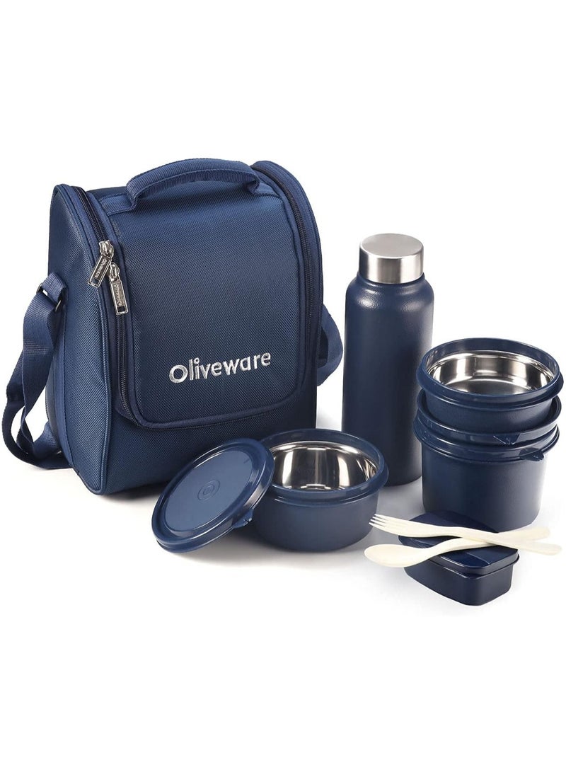 oliveware Teso Lunch Box | 3 Stainless Steel Containers | Plastic Pickle Box | Plastic Spoon & Fork | Insulated Fabric Bag | Leak Proof | Microwave Safe | Full Meal | Easy to Carry (Blue) - Image 1