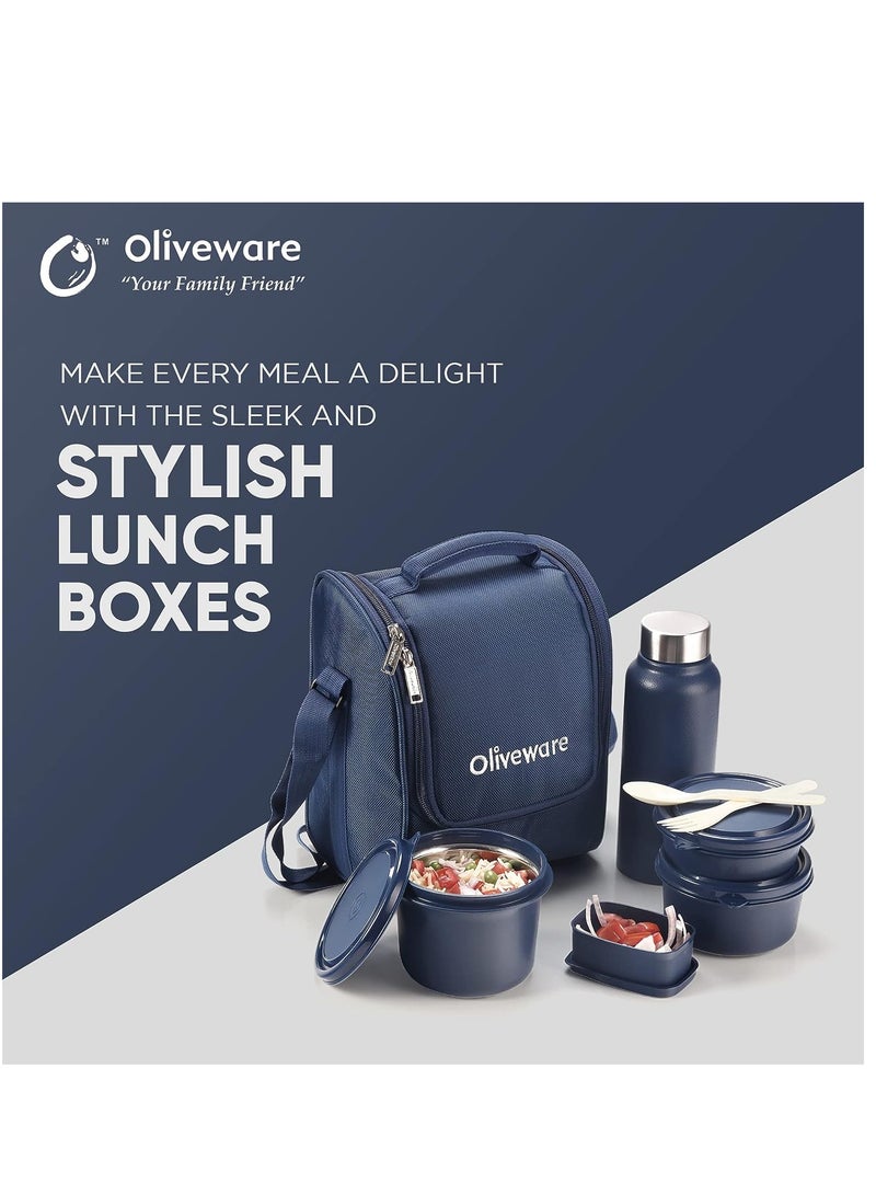 oliveware Teso Lunch Box | 3 Stainless Steel Containers | Plastic Pickle Box | Plastic Spoon & Fork | Insulated Fabric Bag | Leak Proof | Microwave Safe | Full Meal | Easy to Carry (Blue) - Image 2