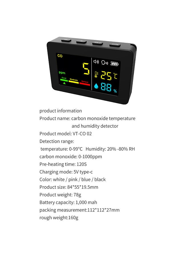 Generic Portable Air Quality Meter 3in1 CO Temperature and Humidity Tester Color Screen Carbon Monoxide Detector with Voice Alarm and Electric Quantity Display Function  - Image 2