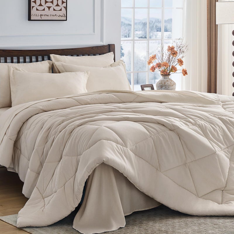 HEVUMYI Beige Tan King Comforter Set - 7-Piece All Season Bed in a Bag King, Ultra Soft Bedding Set with Comforter, Flat Sheet, Fitted Sheet, Pillowcases, Pillow Shams, Beige Tan - Image 1