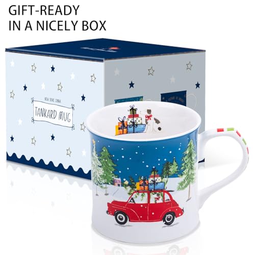 MFoffice 12 oz Christmas Car Coffee Mug, Festive New Bone China Mug with A Red Beetle in Snowy Winter Scene, Holiday Gift for Car Lovers, Kids & Family, Designed in England by Harvest Green Studio - Image 4