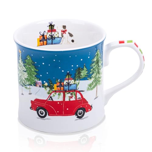 MFoffice 12 oz Christmas Car Coffee Mug, Festive New Bone China Mug with A Red Beetle in Snowy Winter Scene, Holiday Gift for Car Lovers, Kids & Family, Designed in England by Harvest Green Studio - Image 1
