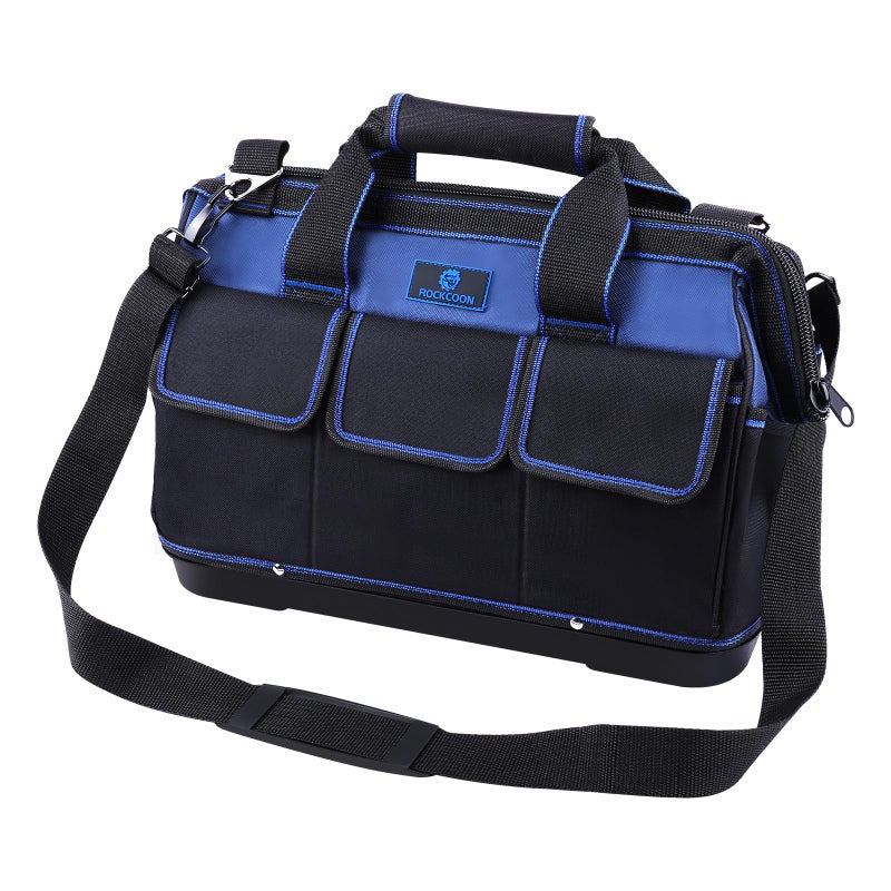 ROCKCOON Tool Bag 16 Multipocket Tool Organizer with Water Proof Plastic Base Heavy Duty Tote with Shoulder Strap for Tool Storage Black Blue - Image 2
