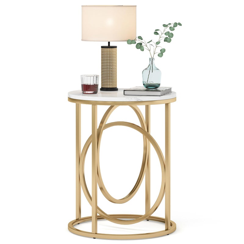 LITTLE TREE 20â€ Round End Tableï¼ŒModern Sofa Side Table with Gold O-Shaped Base, Faux Marble White Cocktail Table Accent Table Nightstand for Living Room Bedroom - Image 1