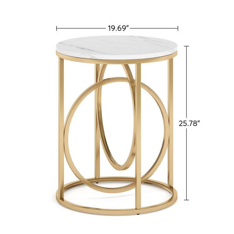 LITTLE TREE 20â€ Round End Tableï¼ŒModern Sofa Side Table with Gold O-Shaped Base, Faux Marble White Cocktail Table Accent Table Nightstand for Living Room Bedroom - Image 4