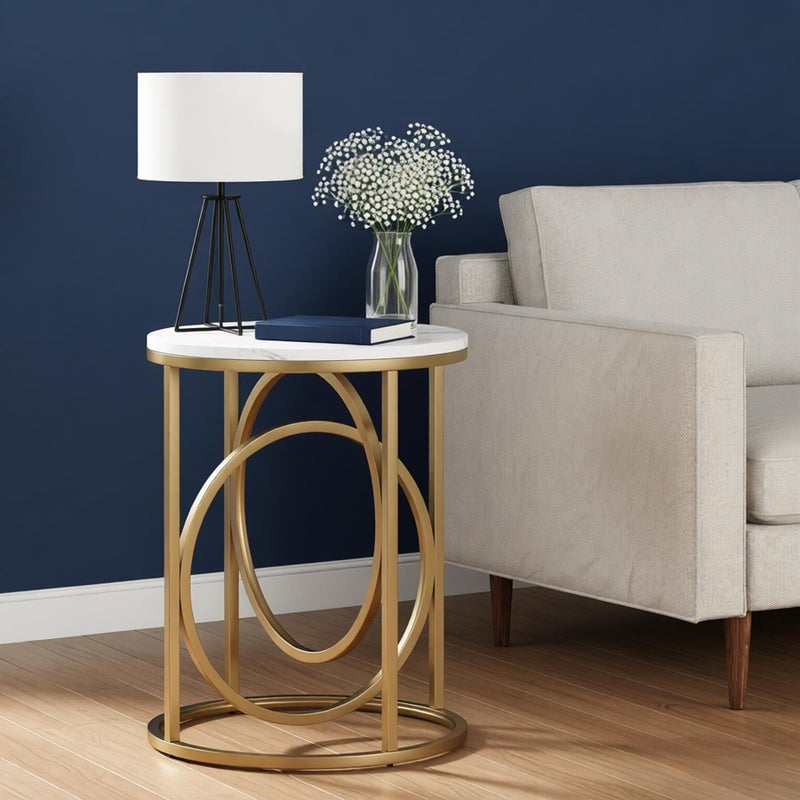 LITTLE TREE 20â€ Round End Tableï¼ŒModern Sofa Side Table with Gold O-Shaped Base, Faux Marble White Cocktail Table Accent Table Nightstand for Living Room Bedroom - Image 5