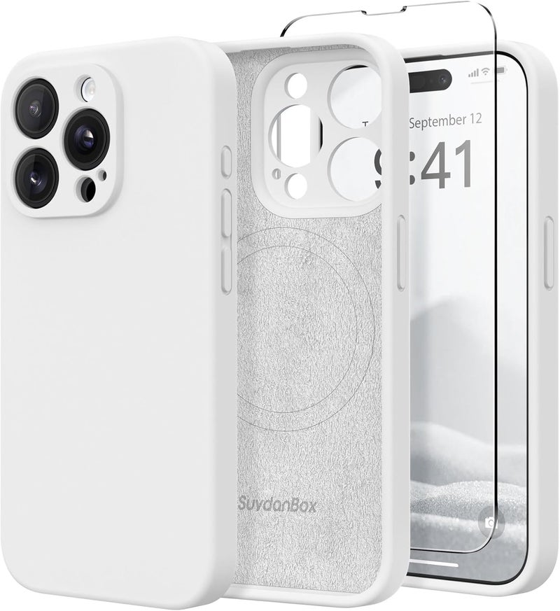 SUYDANBOX Magnetic for iPhone 14 Pro Max Case, Compatible with MagSafe, [Full Camera Protection][Screen Protector] Silicone Shockproof Protective Phone Case for iPhone 14 Pro Max 6.7", White - Image 1