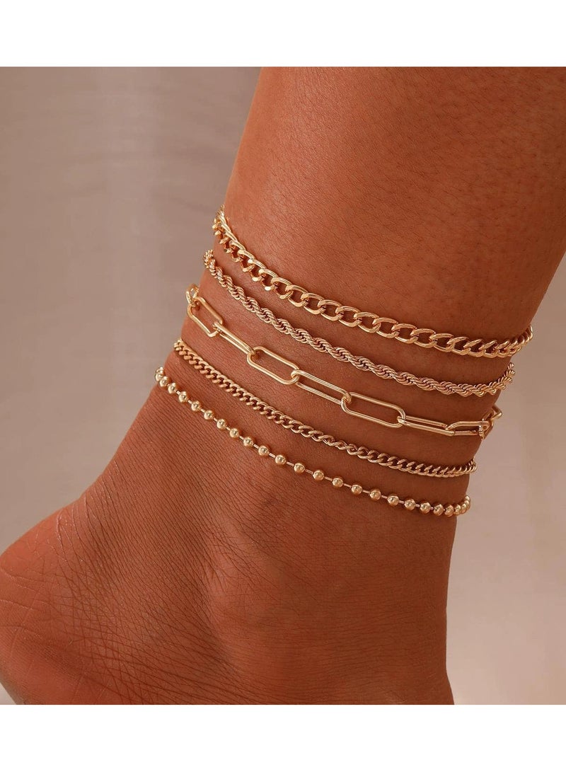 Goolsky مجموعة أساور كاحل من سلسلة سبيكة ملتوية - مجموعة مكونة من 5 قطع من سلاسل القدم العصرية للنساء والرجال، ملابس الشارع
